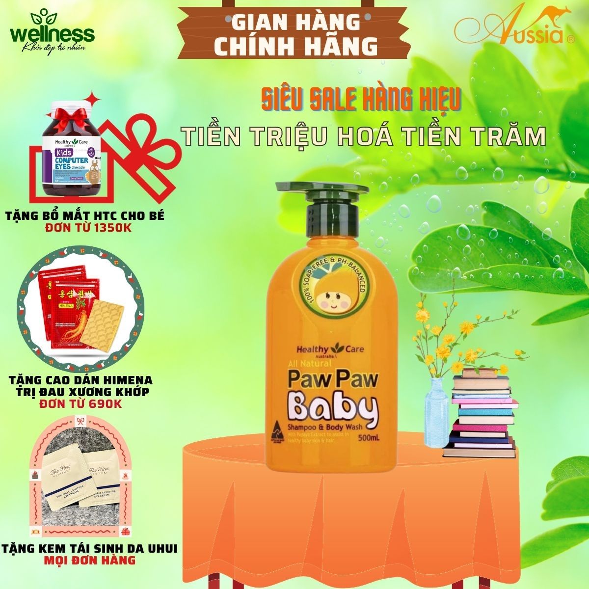 Sữa tắm gội Healthy Care Paw Paw Baby cho bé chiết xuất đu đủ lành tính 500ml