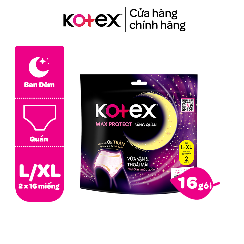 (Thùng 16 gói) Kotex đêm dạng quần cỡ M/L và L/XL (2 quần/gói)