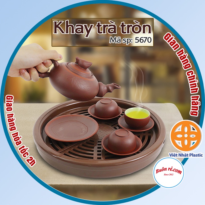 Khay trà tròn giả gỗ chất liệu nhựa Việt Nhật - Khay đựng ấm chén sang trọng dễ tháo rời, cọ rửa Br01532
