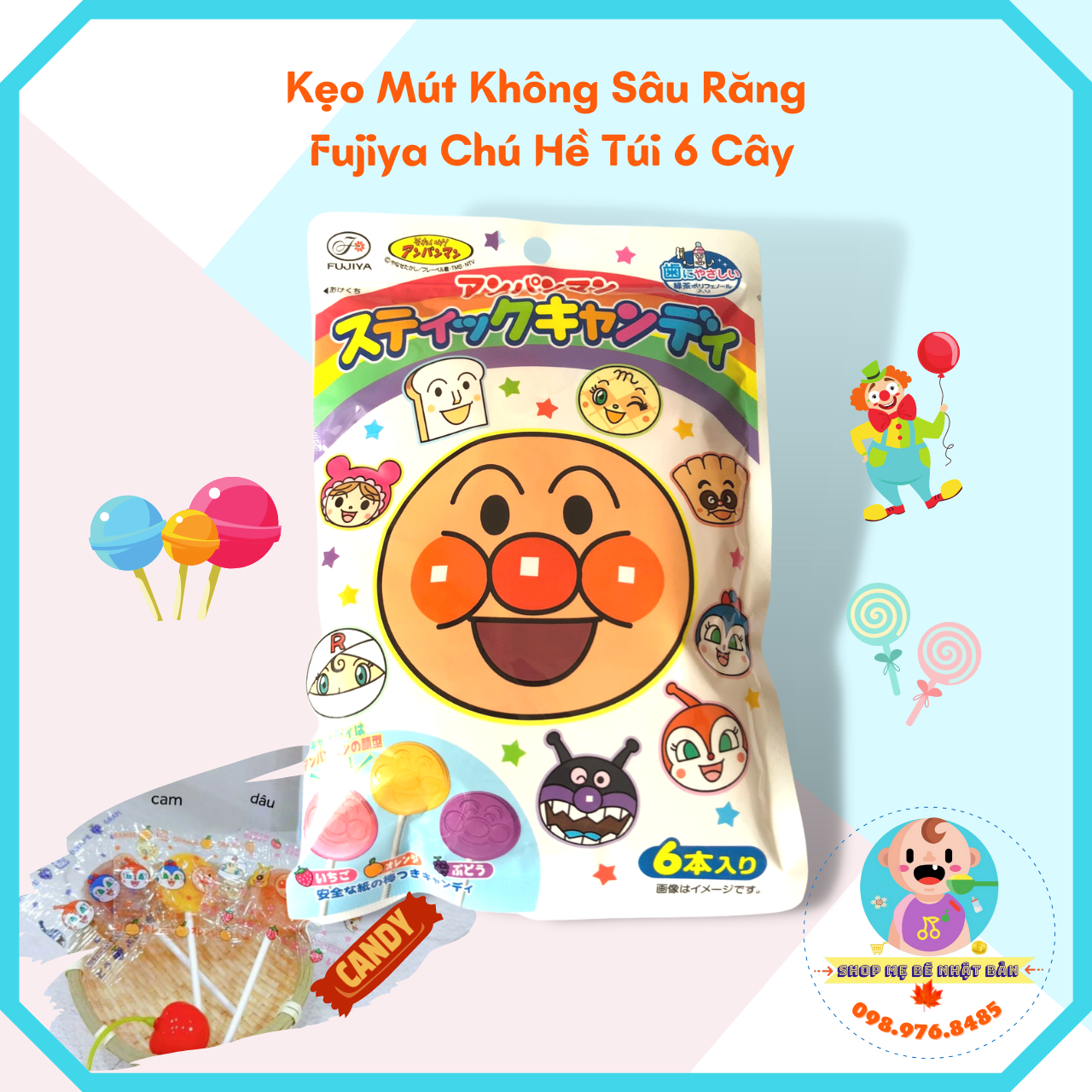 Kẹo mút trái cây không sâu răng | kẹo mút fujiya chú hề túi 6 cây