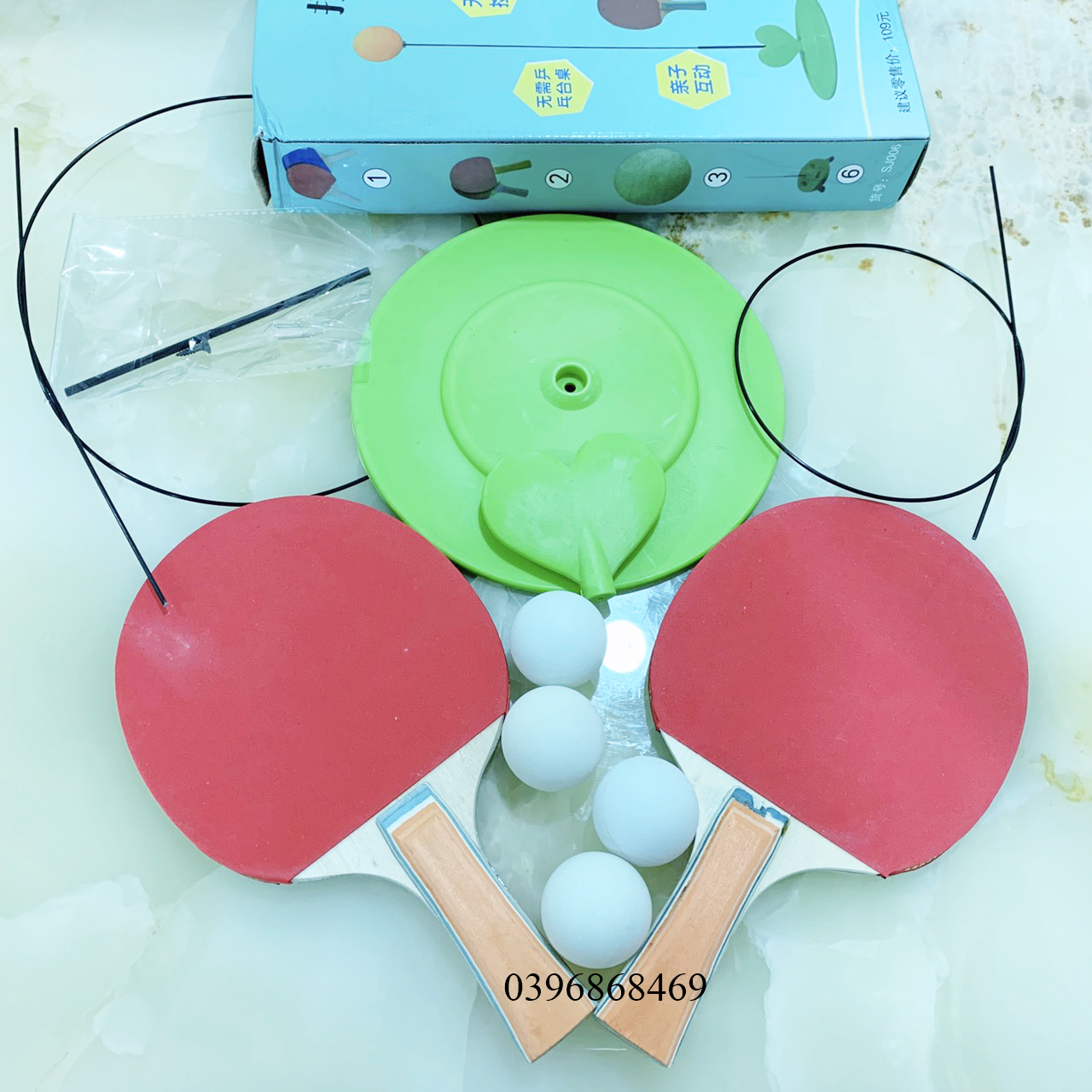 [Bộ vợt gỗ+4bóng] Bóng bàn luyện phản xạ - Bộ đồ chơi bóng phản xạ - Dụng cụ tập đánh bóng bàn cho mọi lứa tuổi (2 vợt gỗ +4 bóng+2 dây+1 đế)