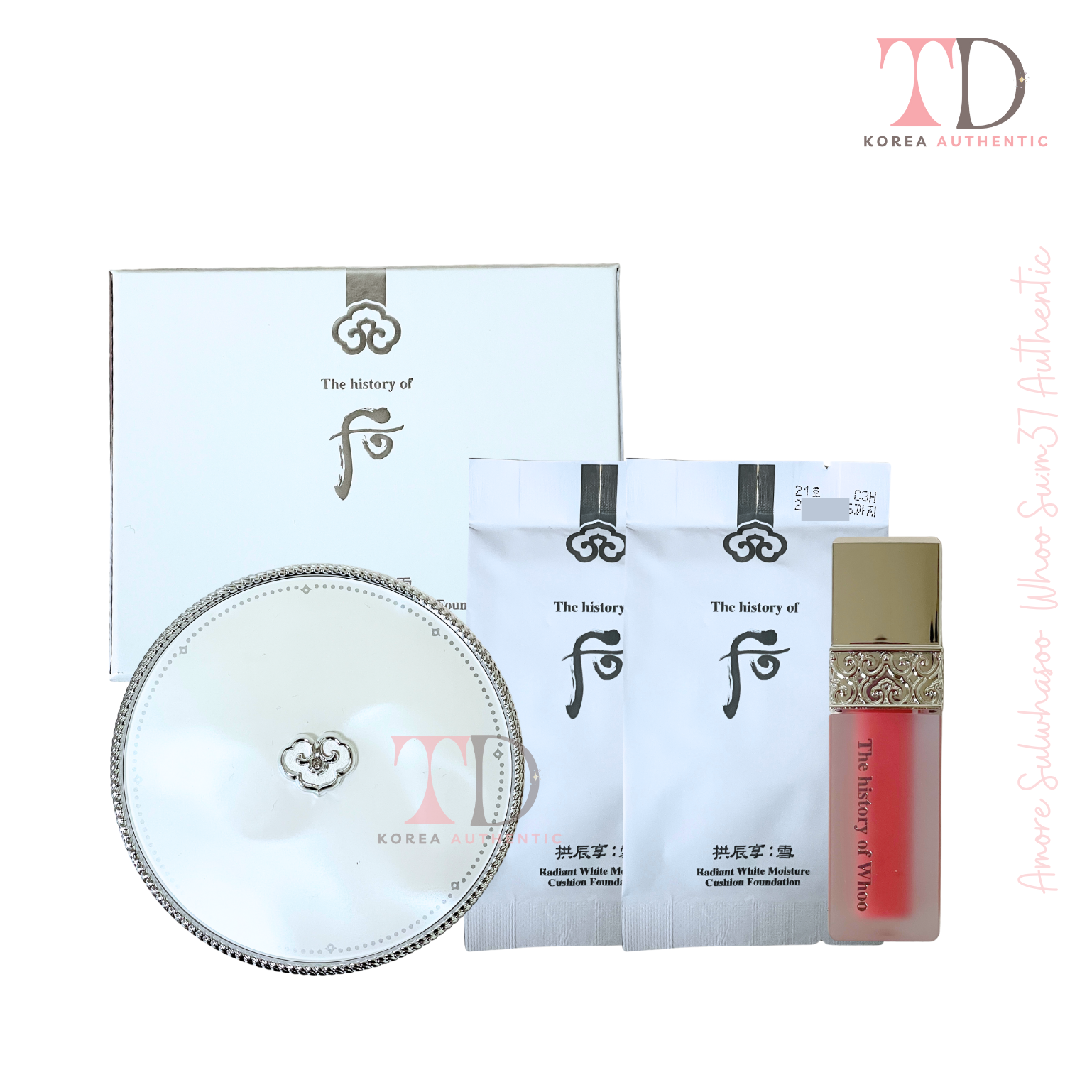 Cushion Whoo tắng Radiant White Moisture Cushion Foundation Set Gồm 1 Hộp Chính +2 lõi +1 son tloskorea cũ