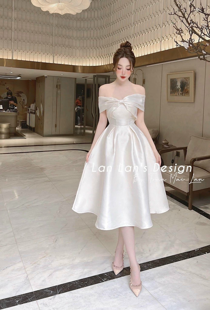 Đầm trễ vai nơ xinh xắn, Đầm trễ vai công chúa, Đầm Trễ vai dáng xòe HT