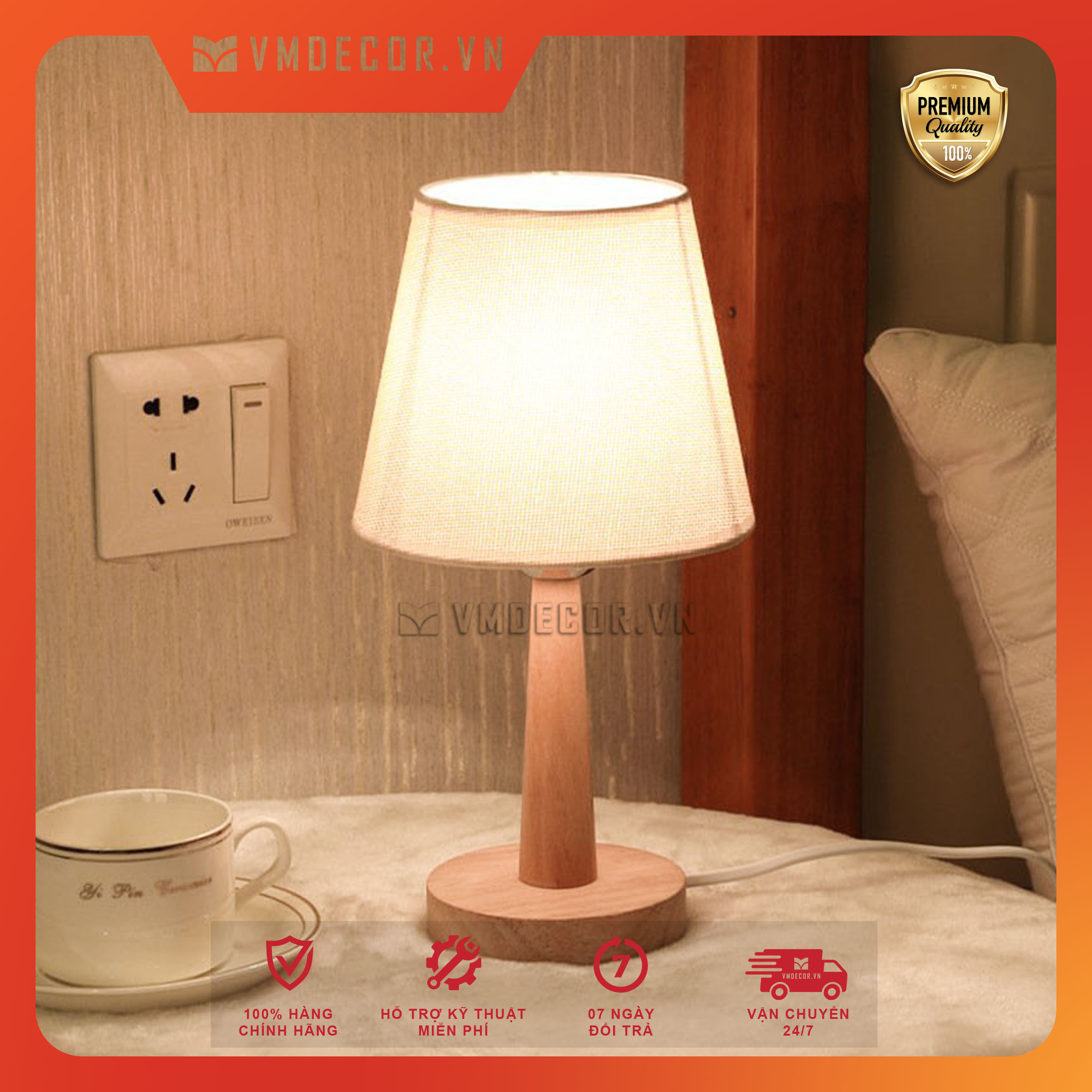 Đèn Ngủ Đầu Giường Tiết Kiệm Điện Bảo Vệ Mắt, Đèn Ngủ Chất Liệu Vải Đế Gỗ Nguyên Khối VMdecor