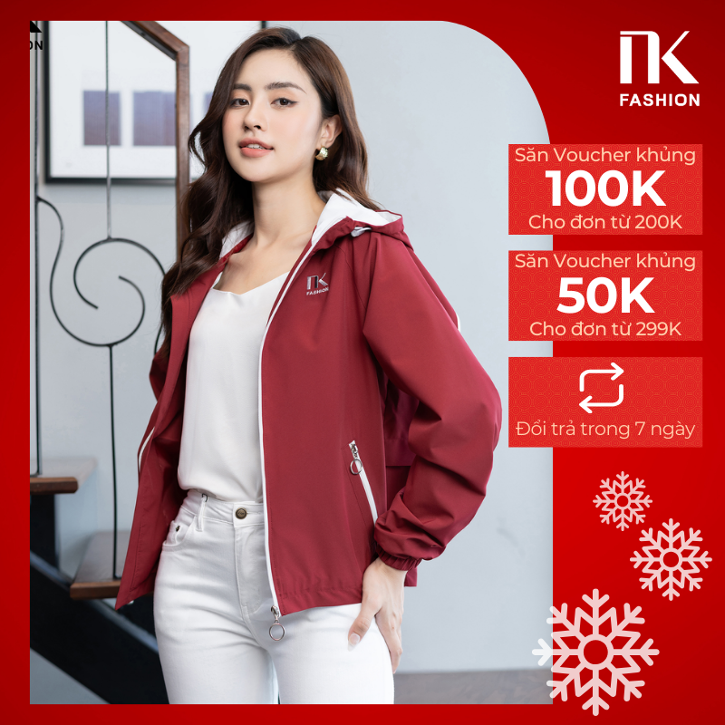 Áo khoác gió 2 lớp phối mũ 2 túi nk fashion nkak2208002 dành cho nữ chống thấm nước, chống gió, chất vải mềm mịn