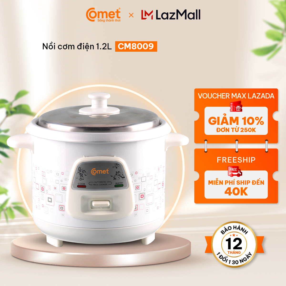 Nồi Cơm Điện Nắp Rời COMET - CM8009 - Dung tích 1.2L , phù hợp 2-4 người ăn - Hàng Chính Hãng - BH 12 tháng