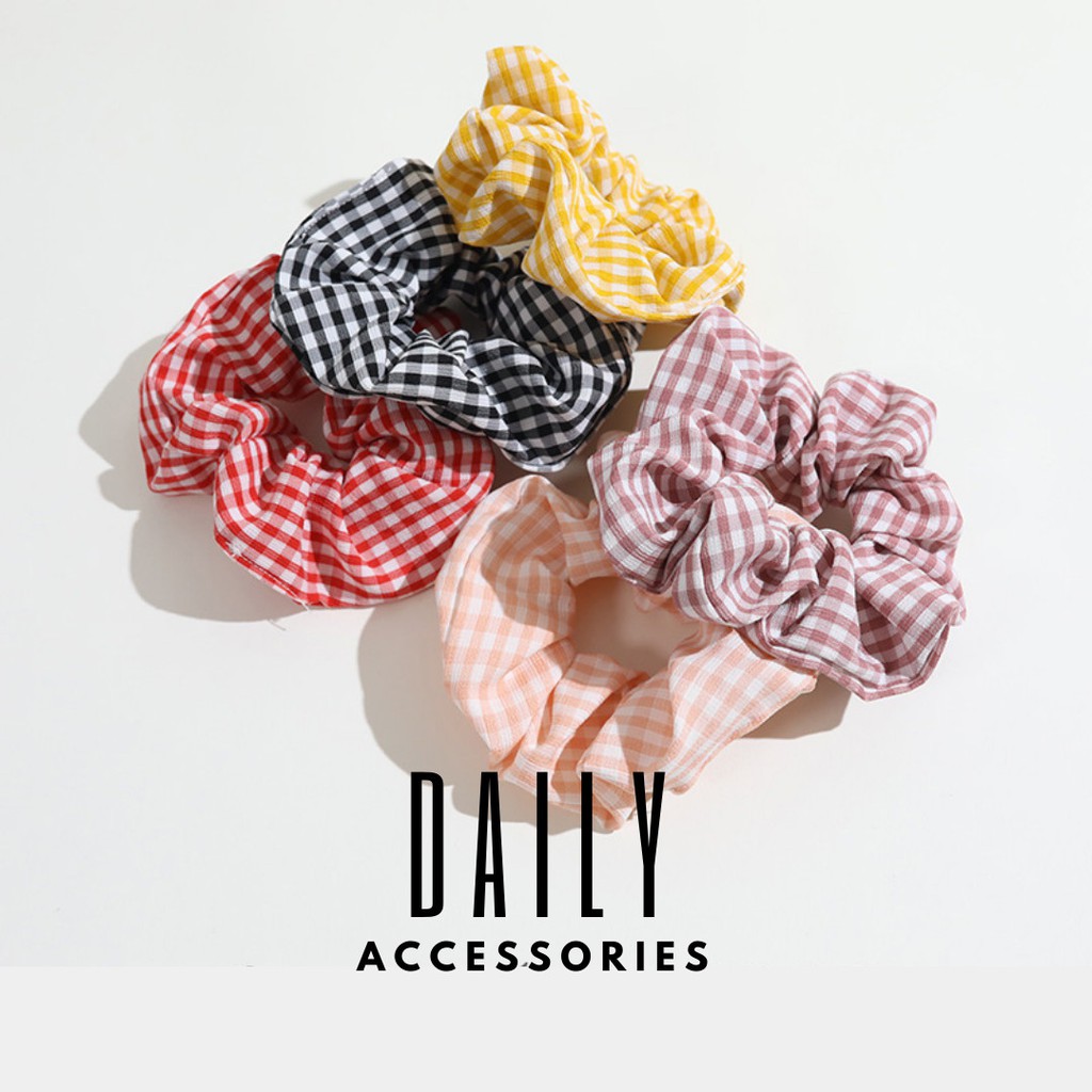 Dây buộc tóc Scrunchies kẻ caro Hàn Quốc Daily Accessories
