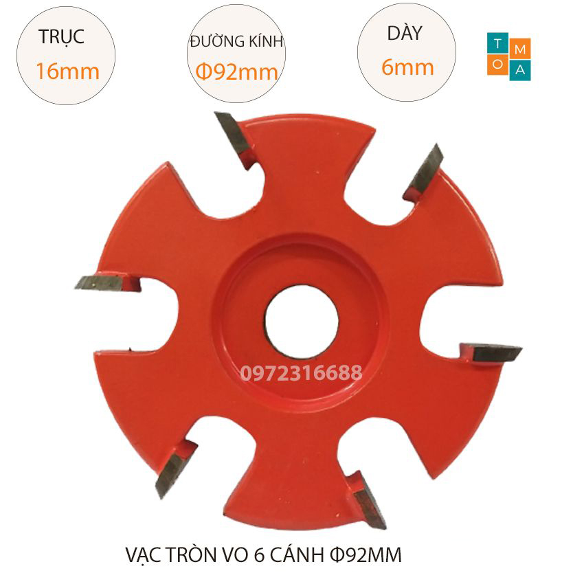 MŨI SOI GỖ - MŨI PHAY VẠC TRÒN VO 6 CÁNH PHI 92MM X 6MM X TRỤC 16MM