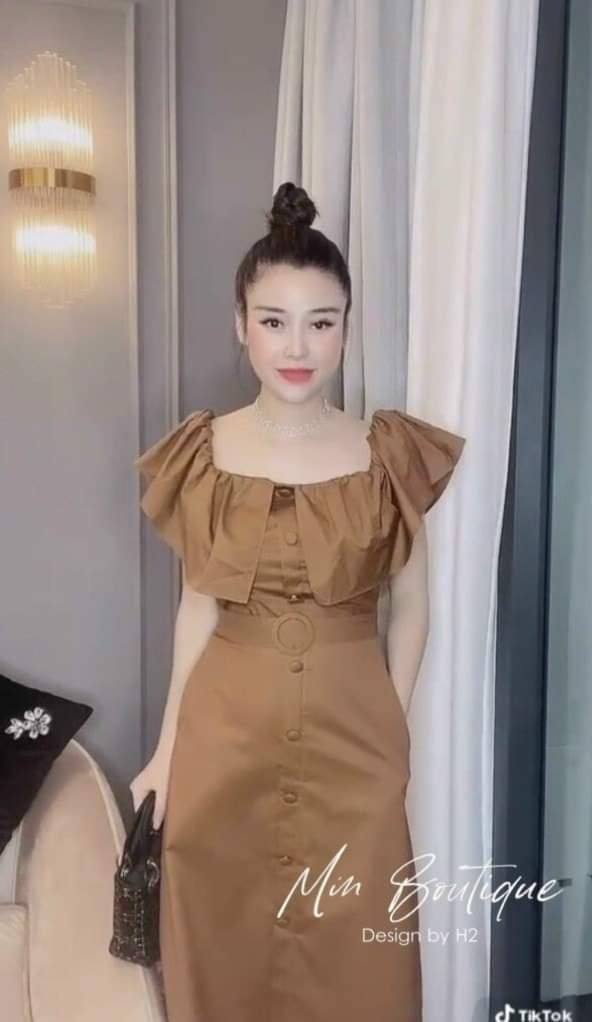 Đầm suông cổ bèo dáng công sở màu nâu tây kèm thắt lưng