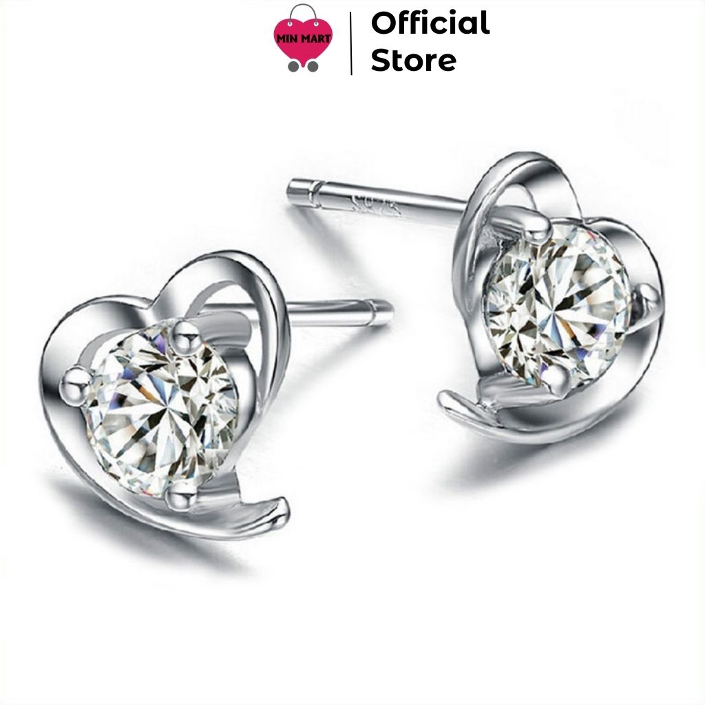 Bông tai hoa tai nụ bạc 925 trái tim đính đá zircon dễ thương E00064