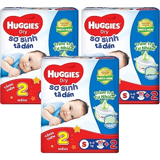 [FREESHIP] Combo 3 Tã dán Huggies Tràm Trà Tự Nhiên size S - 80+2 miếng (Cho trẻ 4 - 8kg)