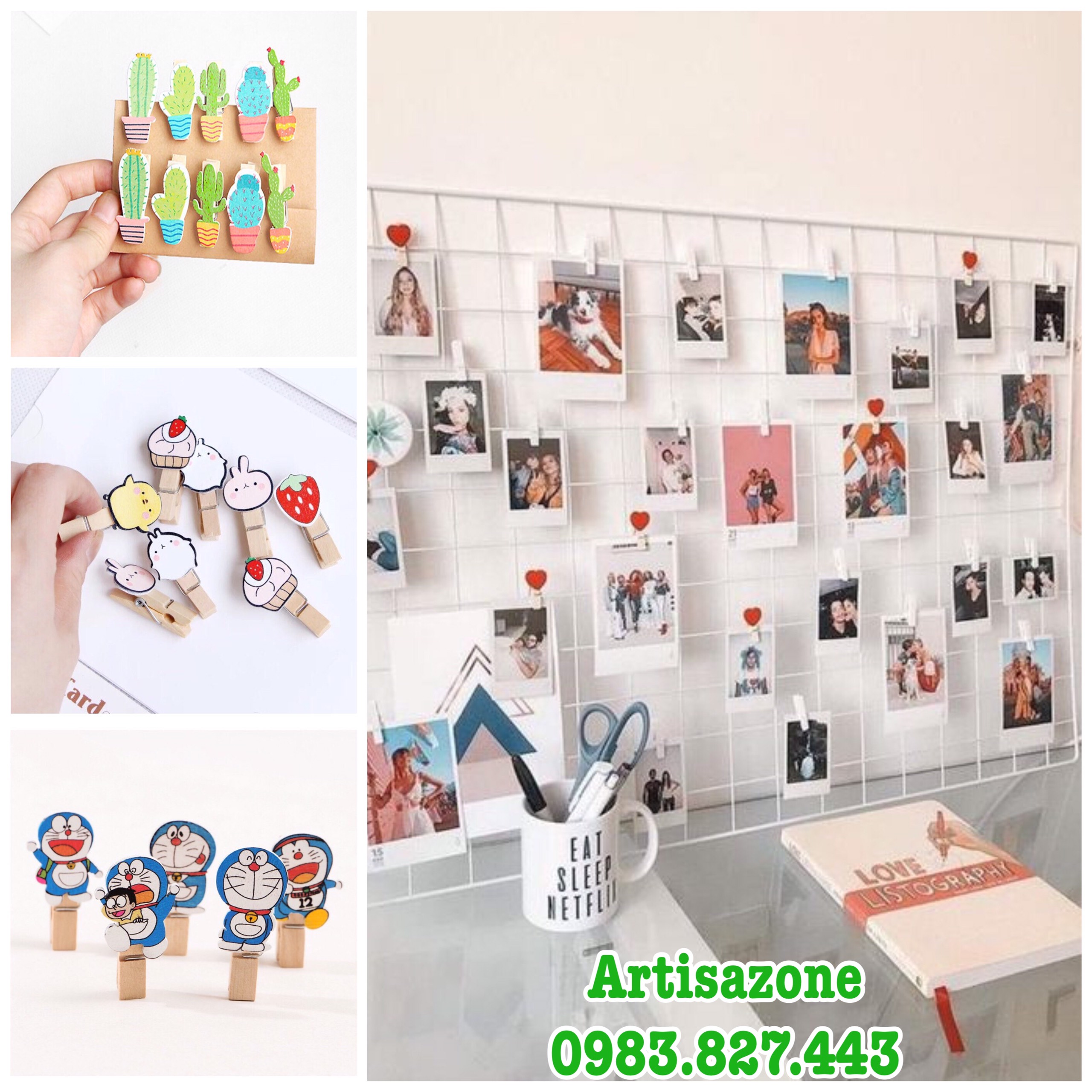 Kẹp gỗ hình kèm dây treo - (Size 3,5cm x 0,7cm) - Bộ 10 chiếc