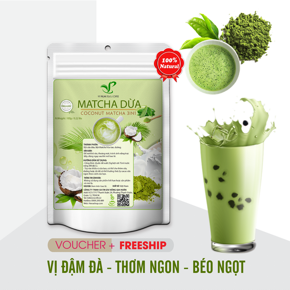 MATCHA SỮA DỪA 100g Bột trà xanh sữa Vy Phụng Tea & Coffee, Matcha chính hãng Nhật Bản thơm ngon, tiện lợi, đặc biệt không hương liệu