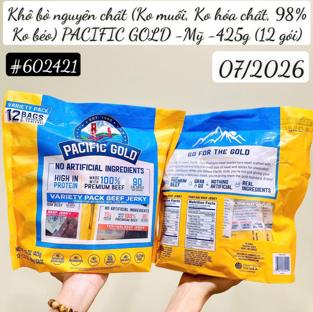 Khô bò Mỹ PACIFIC GOLD Beef Jerky, Variety Pack 425gr (12 gói nhỏ tiện lợi)