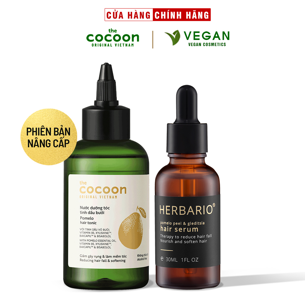 Bộ serum tóc bồ kết, vỏ bưởi herbario 30ml + Nước dưỡng tóc tinh dầu vỏ bưởi Pomelo cocoon 140ml