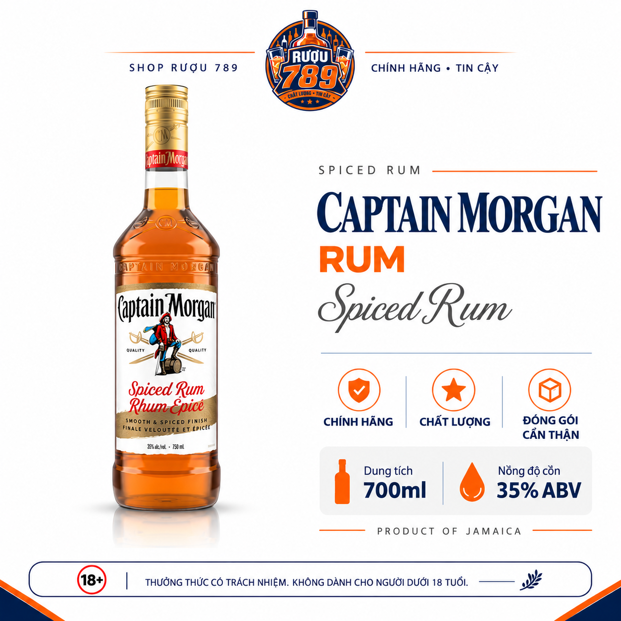 Rượu Rum Captain Morgan Spiced Rum 700ml – 35% | Jamaica | Chính hãng | Rượu 789