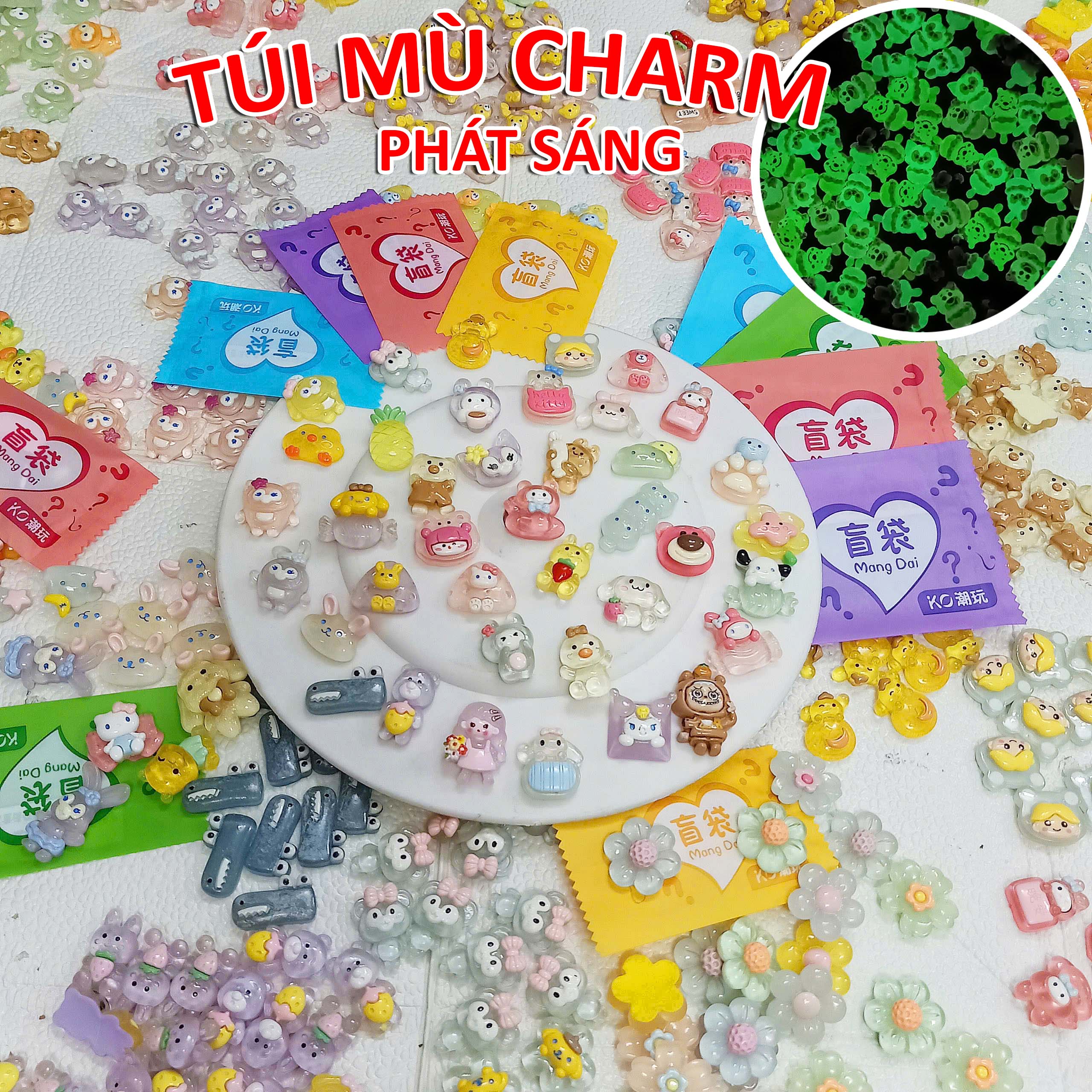 [TỰ XÉ] Set 100 Túi Mù Phát Sáng Tổng Hợp 2 - 3cm Labubu Thỏ Bunny Moi Trái Cây Kuromi Charm Đồ Chơi
