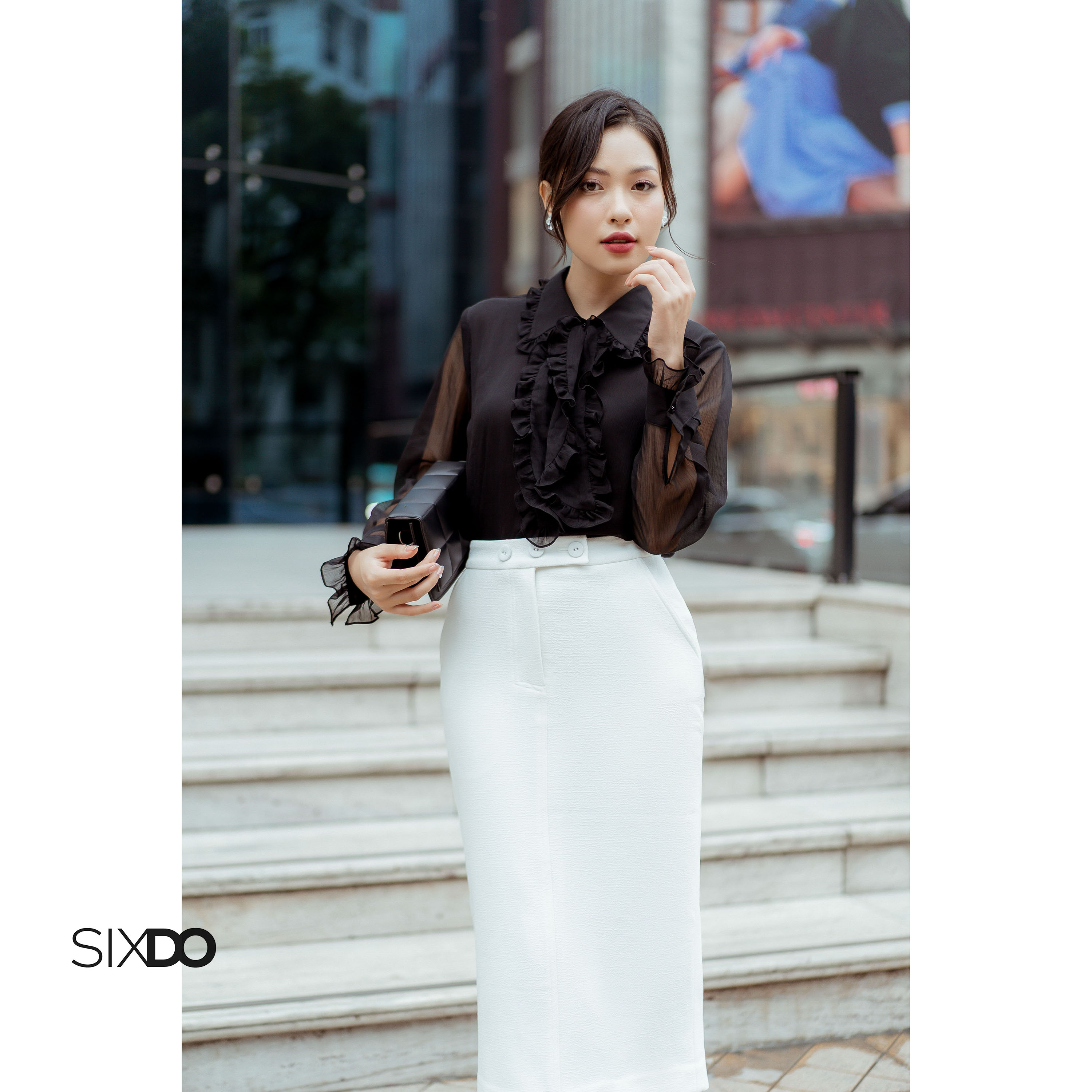  Chân váy bút chì trắng SIXDO  White Straight Midi Woven Skirt  