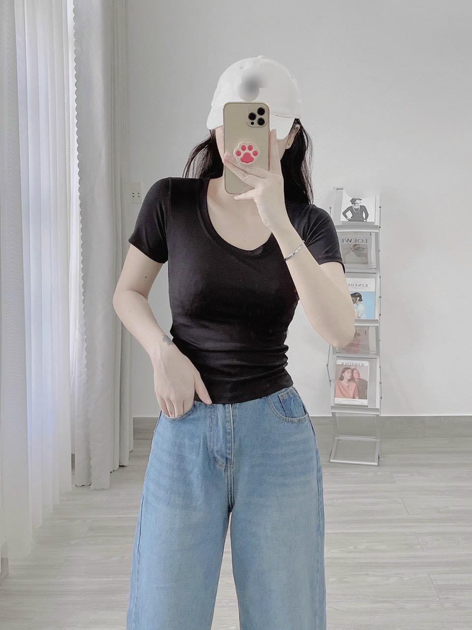 Áo Thun Nữ, Áo Kiểu Nữ Cổ Chữ U, Tay Ngắn, Vải Gân THÁI Co Giãn Tốt, Ôm Body Mẫu mới mềm mịn mát, phối đồ siêu xinh, đi cafe, đi chơi đều xinh