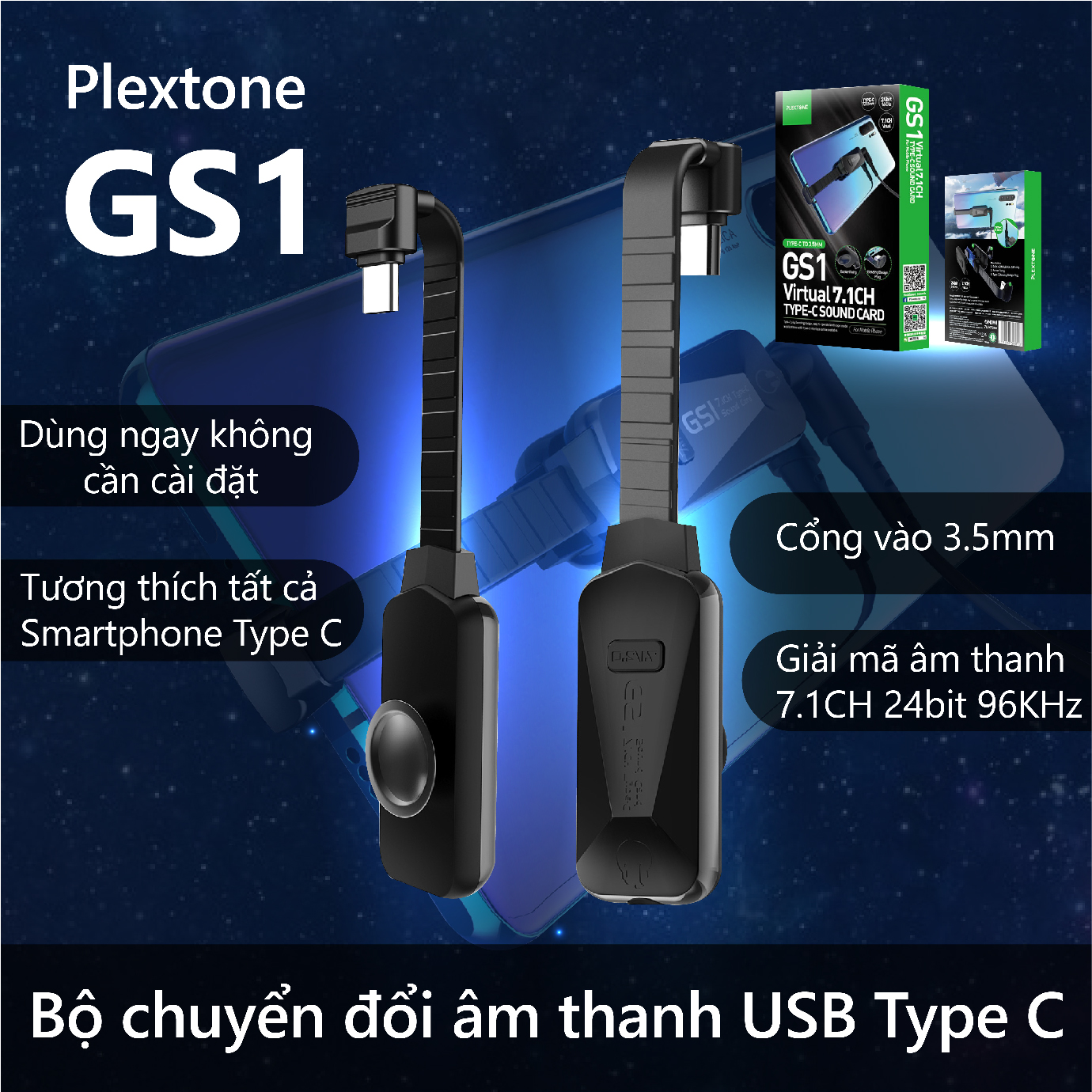Bộ chuyển đổi âm thanh USB Type C ra cổng 3.5mm dùng cho điện thoại và máy tính bảng giải mã âm thanh 7.1CH 24bit 96KHz Plextone GS1 tương thích với tất cả các dòng smartphone và thiết bị di động chuẩn Type C, dùng ngay không cần cài đặt.