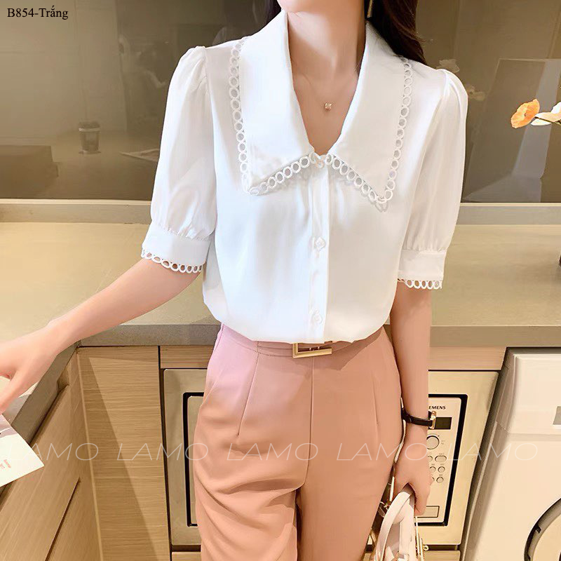 Áo sơ mi công sở tay ngắn phối ren -b854