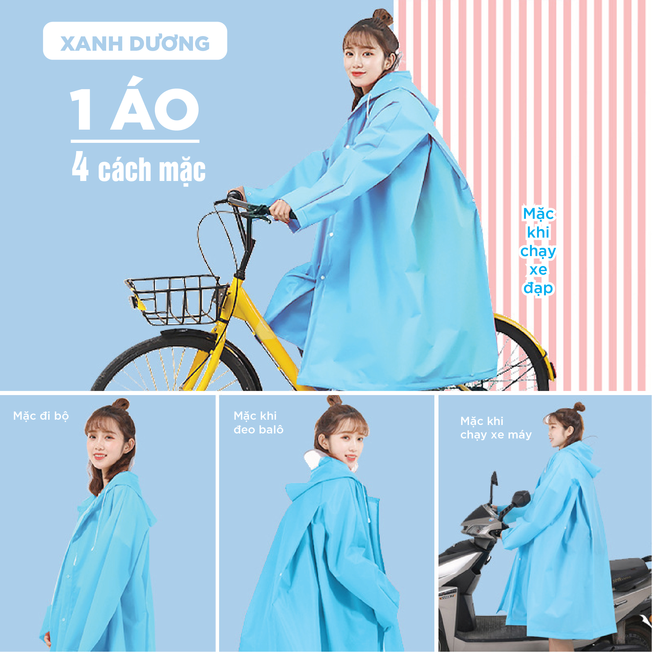 Áo Mưa người lớn cao cấp có khóa kéo EVA - măc 4 kiểu trong 1 - thời trang và tiện lợi - Hàng xuất Nhật/Hàn/Châu Âu