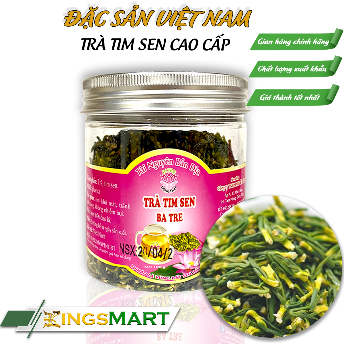 Trà tim sen cao cấp - thương hiệu ba tre - đặc sản đồng tháp - hũ 100g - kingsmart