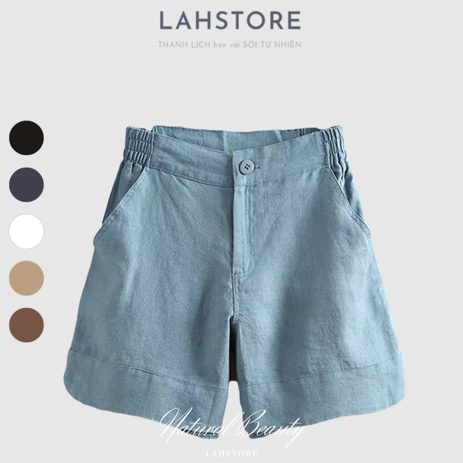 Quần đùi nữ ống rộng vải linen, ống xẻ cạp thun ngang eo LAHSTORE