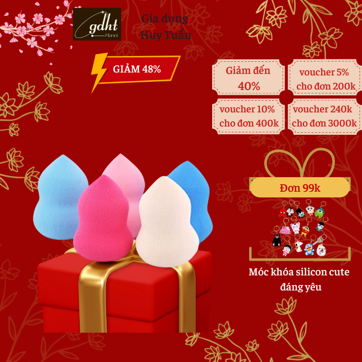 Bông mút tán kem nền hình hồ lô nhỏ xinh, miếng mút trang điểm mềm mịn, Bông phấn đánh kem nền cao cấp che phủ khuyết điểm,dụng cụ trang điểm (MHL02)Gia dụng Huy Tuấn Hà Nội