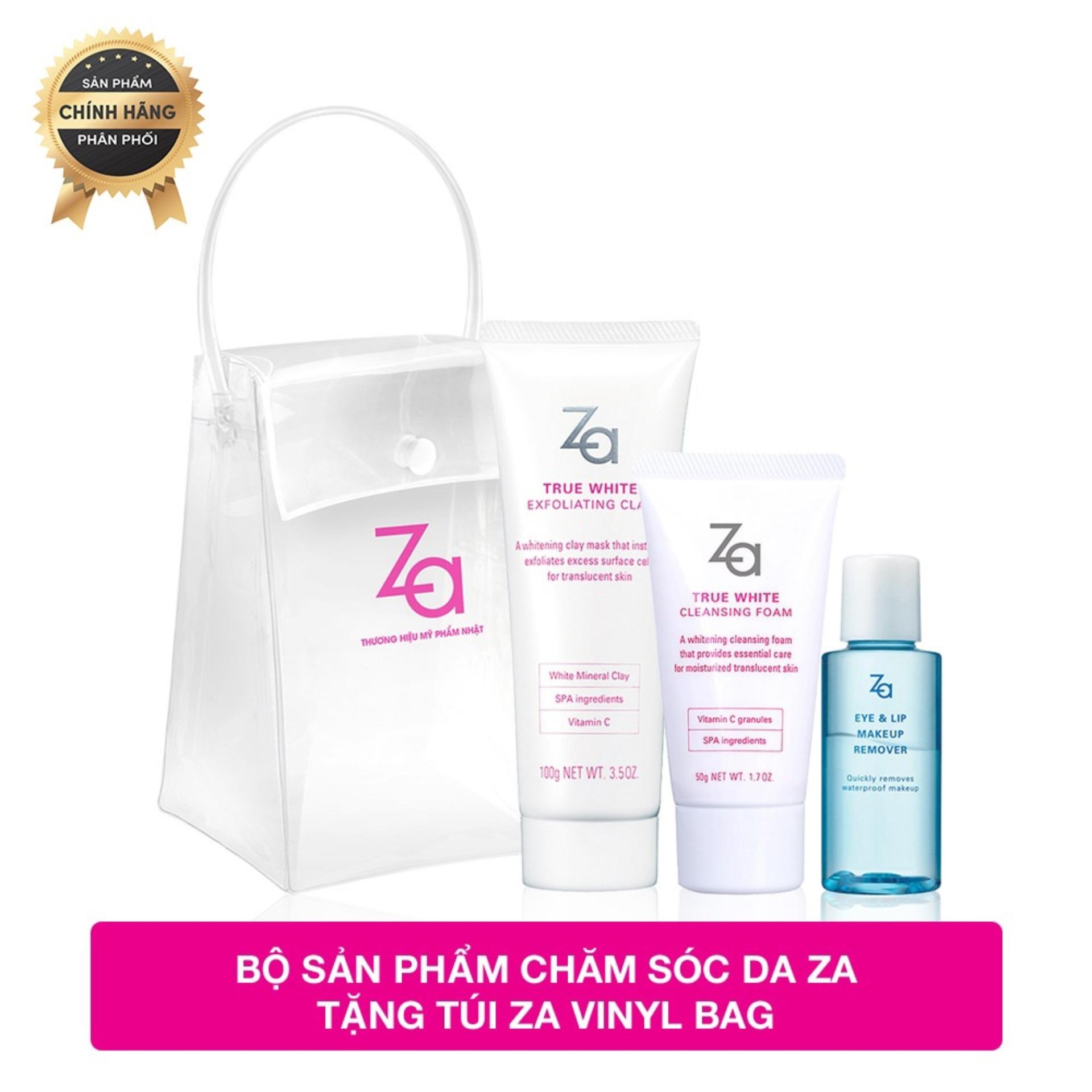 Bộ sản phẩm chăm sóc da Za (True White Ex Exfoliating Clay 100g + Za Eye & Lip Remover 30ml+ Za True White Ex Cleansing Foam 50g) tặng túi ZA Vinyl Bag