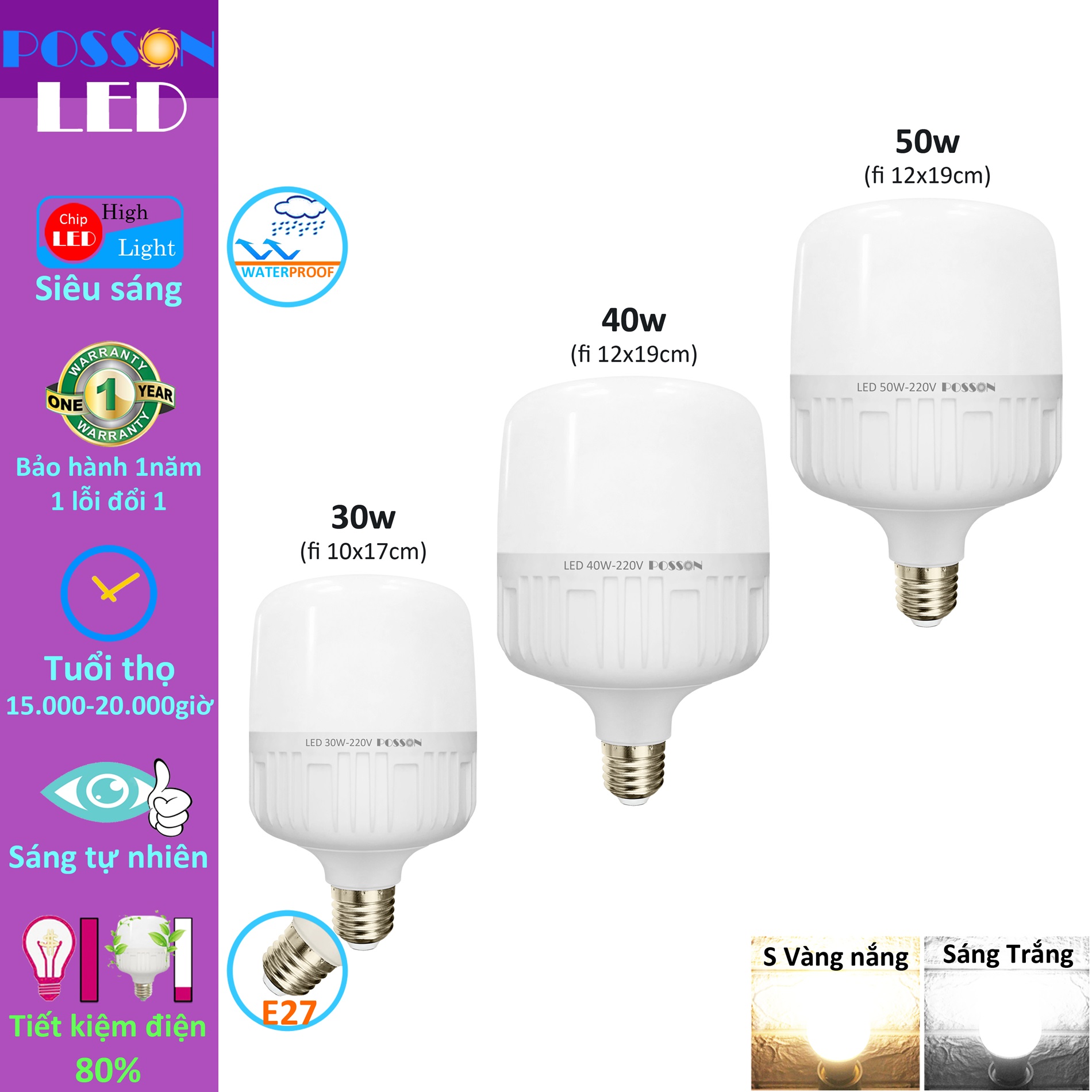 10 bóng đèn led trụ 50w 40w 30w siêu sáng tiết kiệm điện chống nước mưa ngoài trời e27 220v posson lc-30-50x