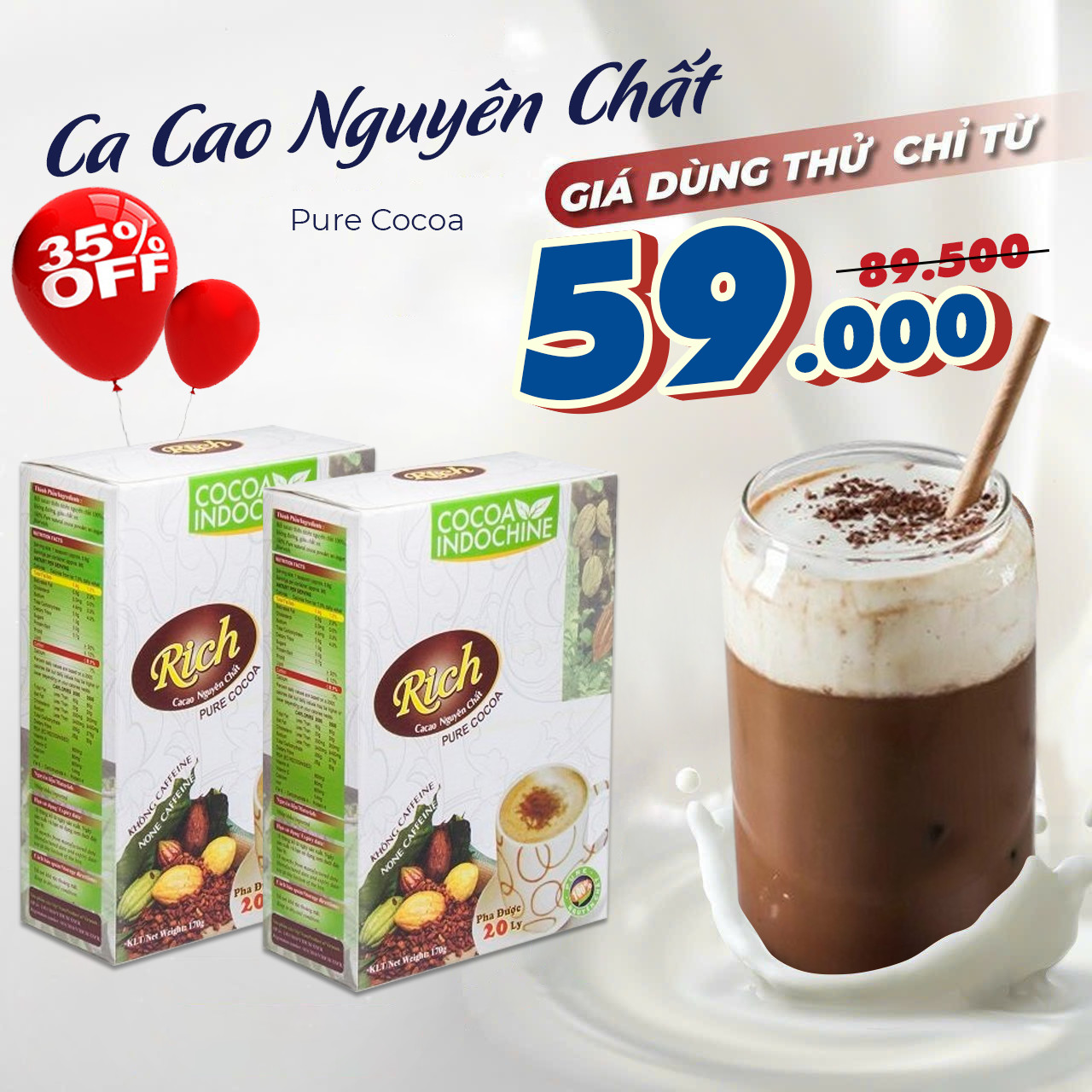 Bột cacao hoà tan nguyên chất rich - hộp 170g