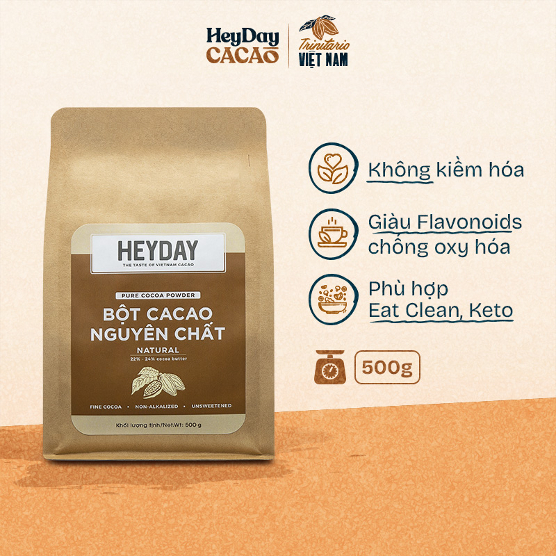 Túi 500g Bột cacao nguyên chất Việt Nam tự nhiên không đường Natural - Không kiềm hoá - Hỗ trợ giảm cân, bền cơ, keto hiệu quả - Chứng Nhận UTZ - Vị socola tự nhiên thơm nồng dễ uống - Không phụ gia, không hương liệu - Heyday Cacao