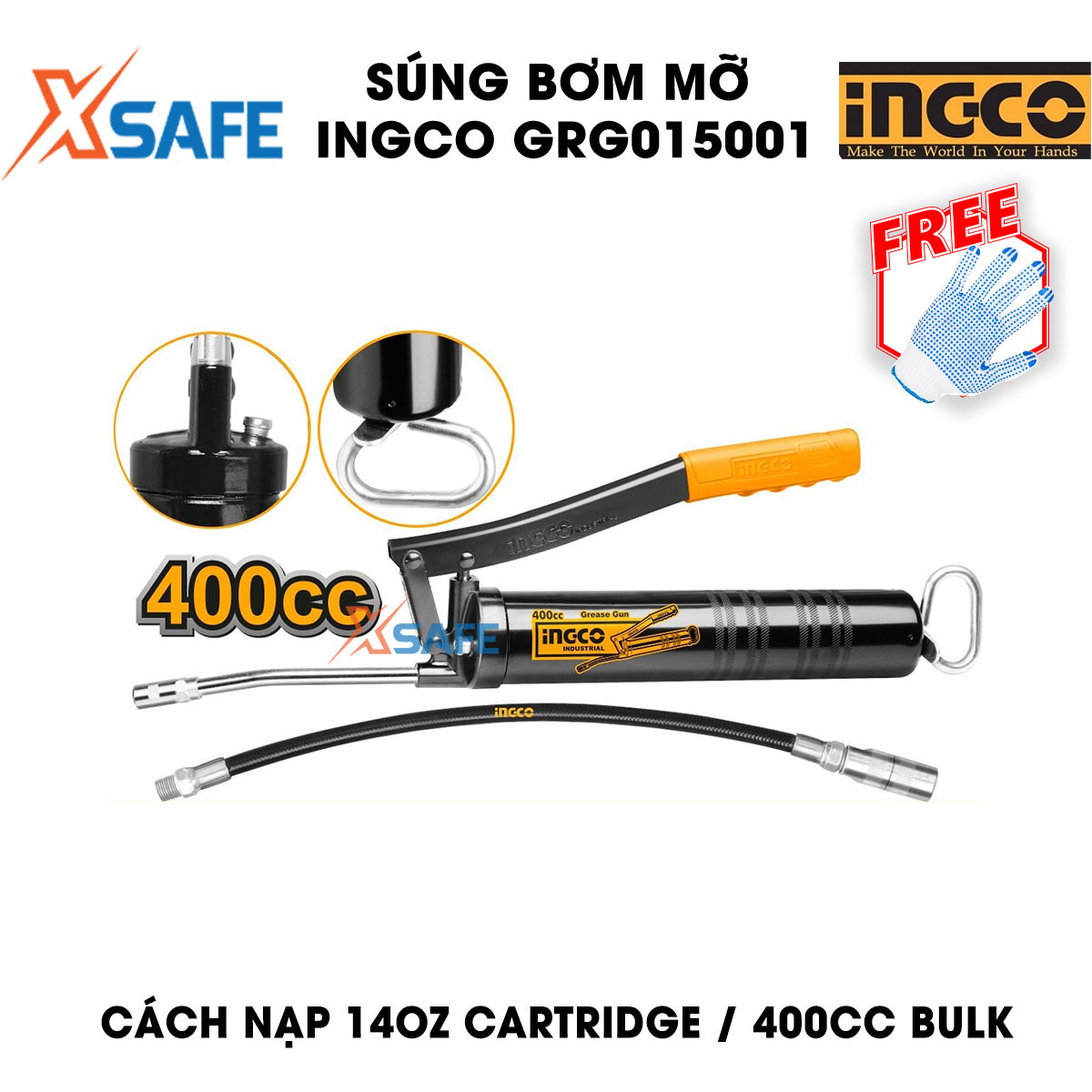 Súng bơm mỡ INGCO GRG015001 được làm từ chất liệu ống thép và nhôm đúc. Súng bơm mỡ Ingco có suất làm việc 4500psi và áp suất nổ 10000psi