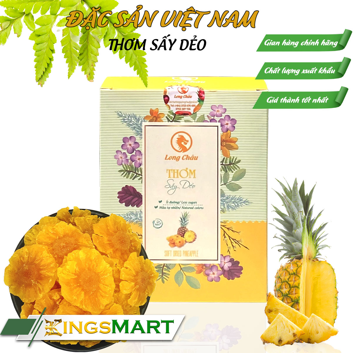 Thơm sấy dẻo - Thương hiệu LONG CHÂU - Đặc sản Long An - Hộp 150g - Kingsmart