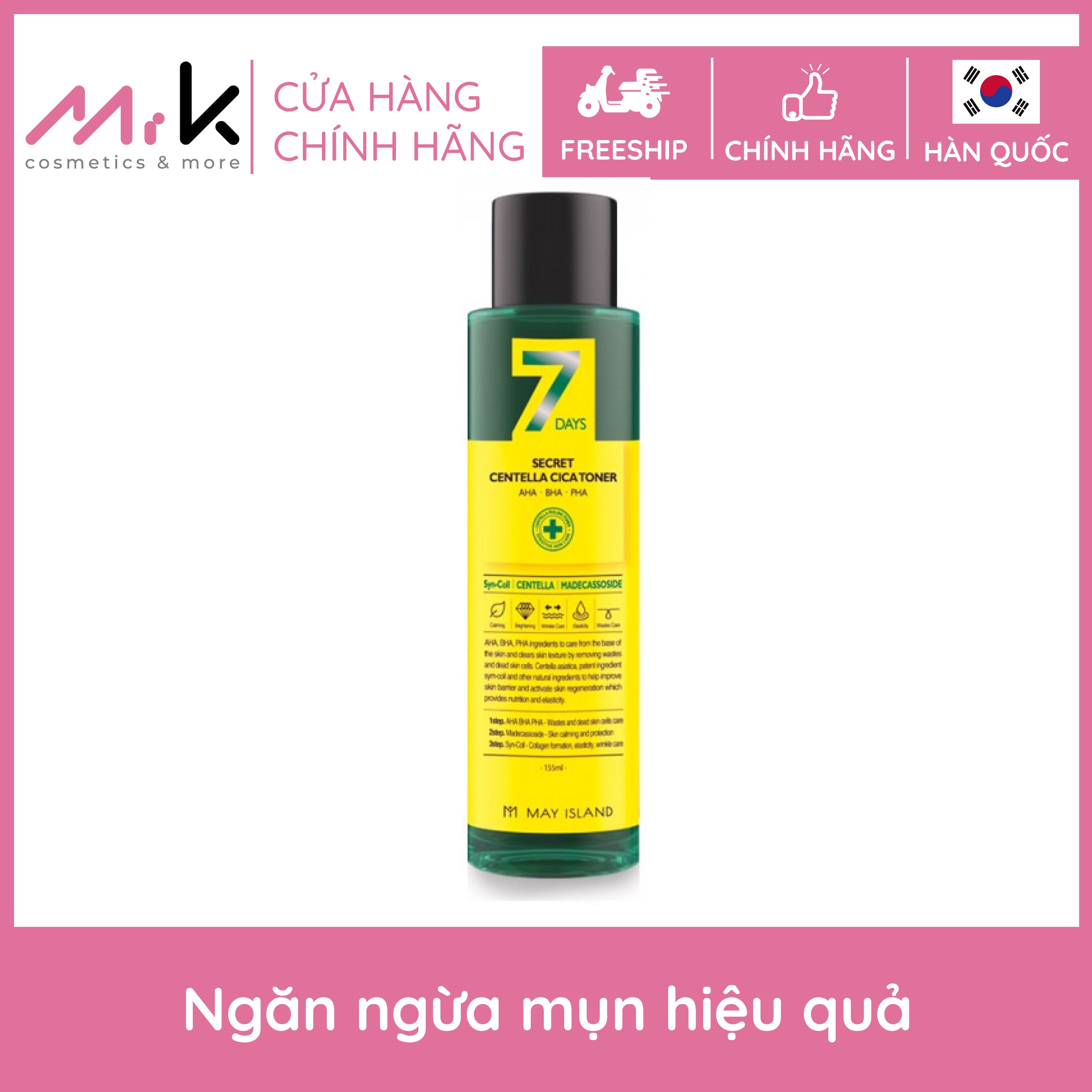 [Xả kho] Nước hoa hồng May Island 7days Secret Centella Cica Toner chính hãng Hàn Quốc, dành cho da mụn, giảm mụn ẩn 155ml