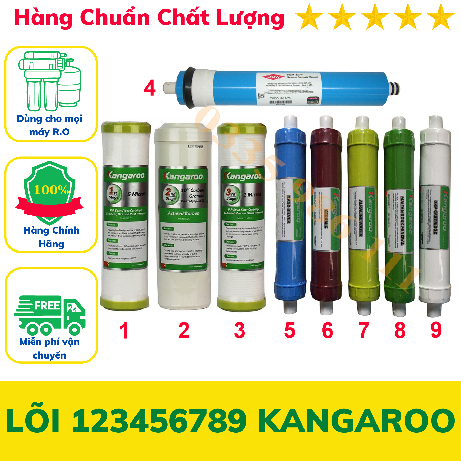 Lõi lọc nước 123456789 Kangaroo lắp cho máy lọc nước 9 lõi lọc Cam kết hàng chính hãng - tặng kèm cút nối các lõi