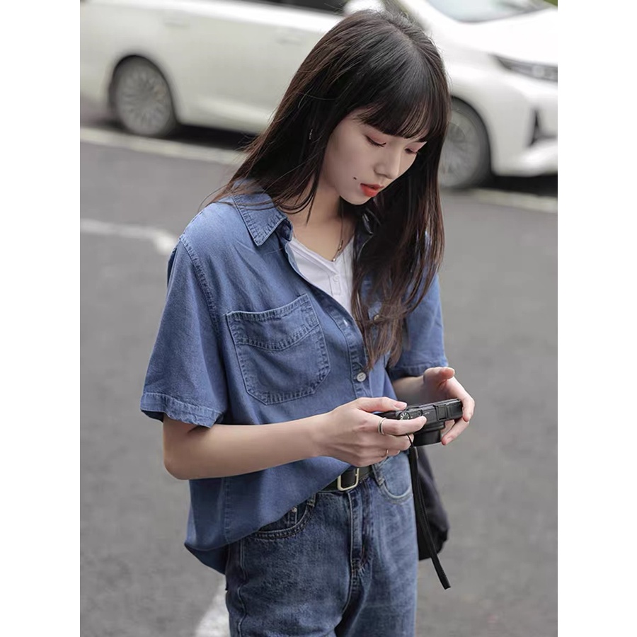 Áo sơ mi jeans nữ cộc tay hai túi, áo bò túi ngực P683