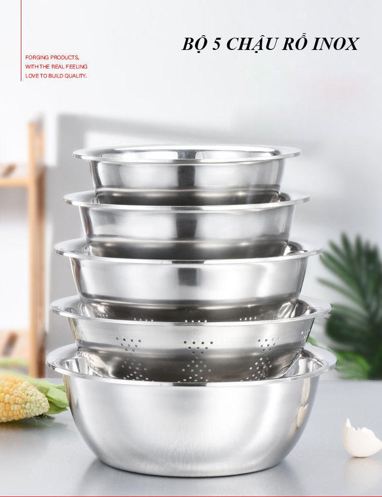 Chậu inox, Bộ 5 rổ chậu inox tiện lợi để rau củ quả