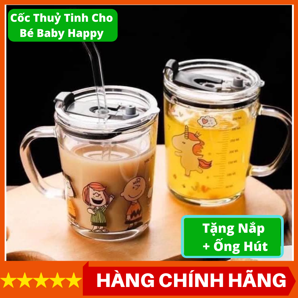 Cốc thuỷ tinh (TẶNG nắp + ống hút) - Ly thuỷ tinh chia vạch Bayby Happy thích hợp pha sữa cho em bé (TẶNG nắp + ống hút)