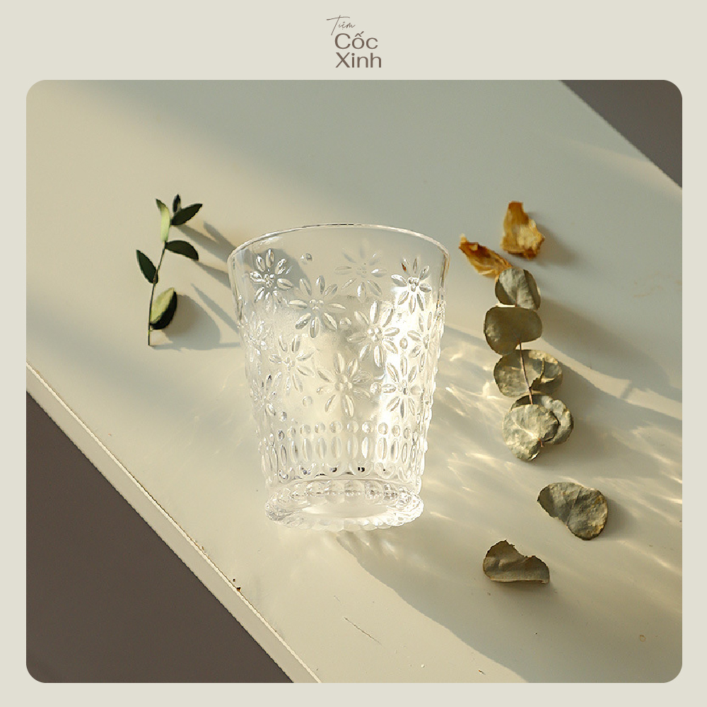 Cốc Thủy Tinh Chịu Nhiệt Hoạ Tiết Hoa Cúc Nhỏ Đáng Yêu - Dùng uống cà phê hoặc decor