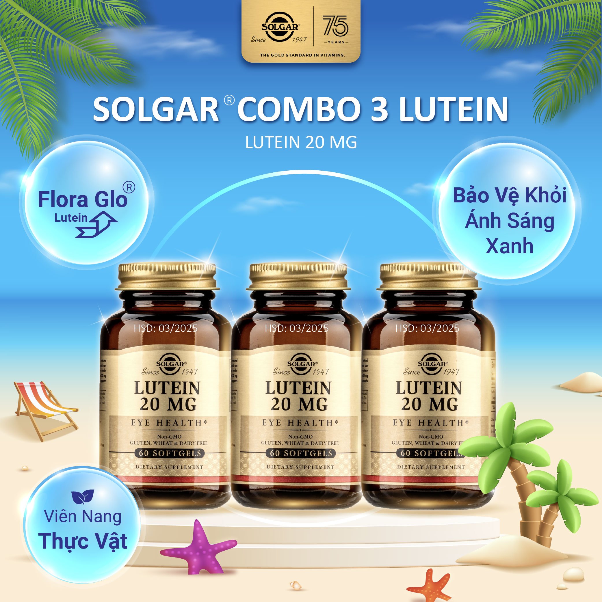 Combo 3 lọ viên uống solgar lutein 20mg - giúp bổ mắt bổ sung lutein, tăng cường thị lực