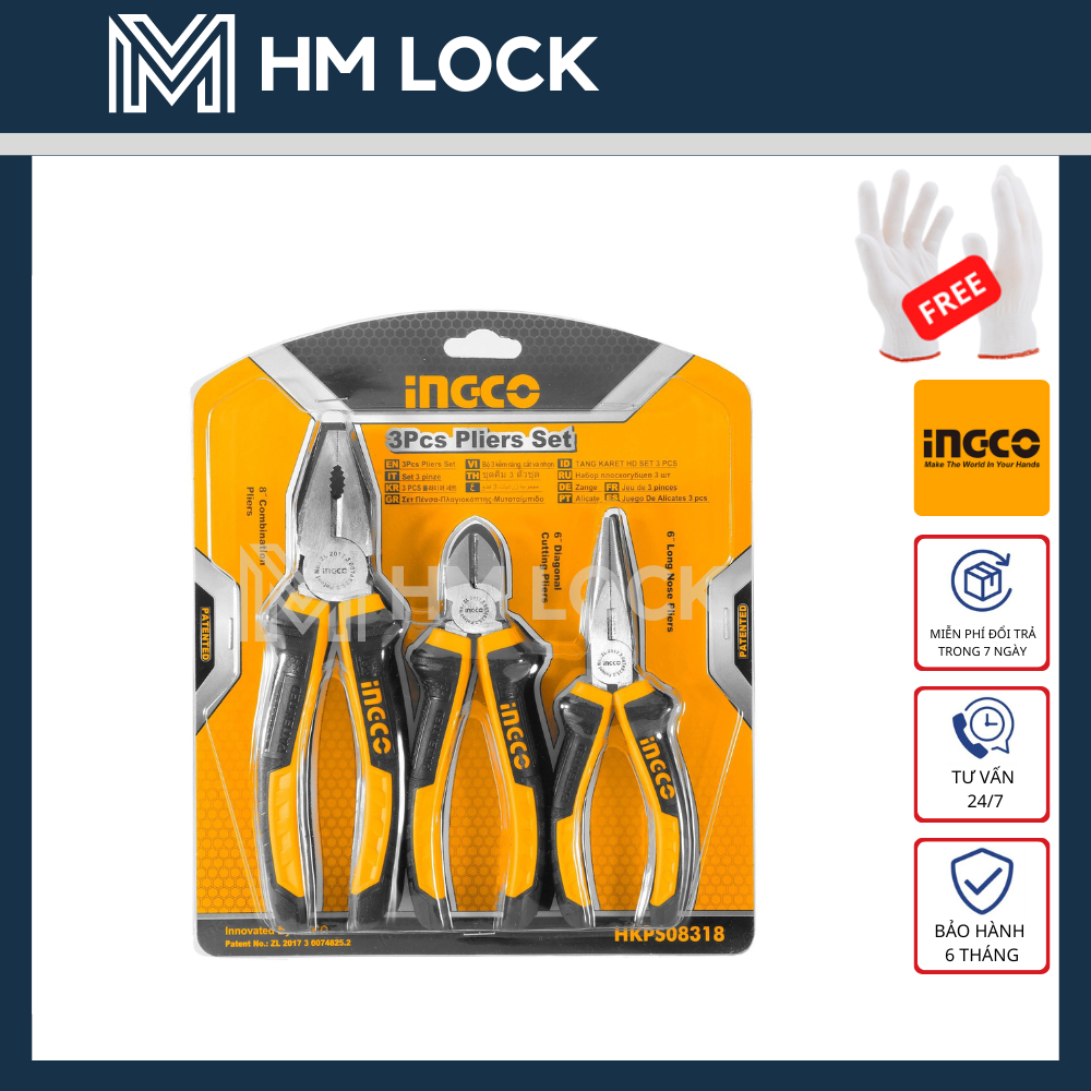 Bộ 3 kìm răng, cắt, nhọn ingco - thép cr-v siêu cứng, không gỉ cao cấp - hkps08318 - hm lock