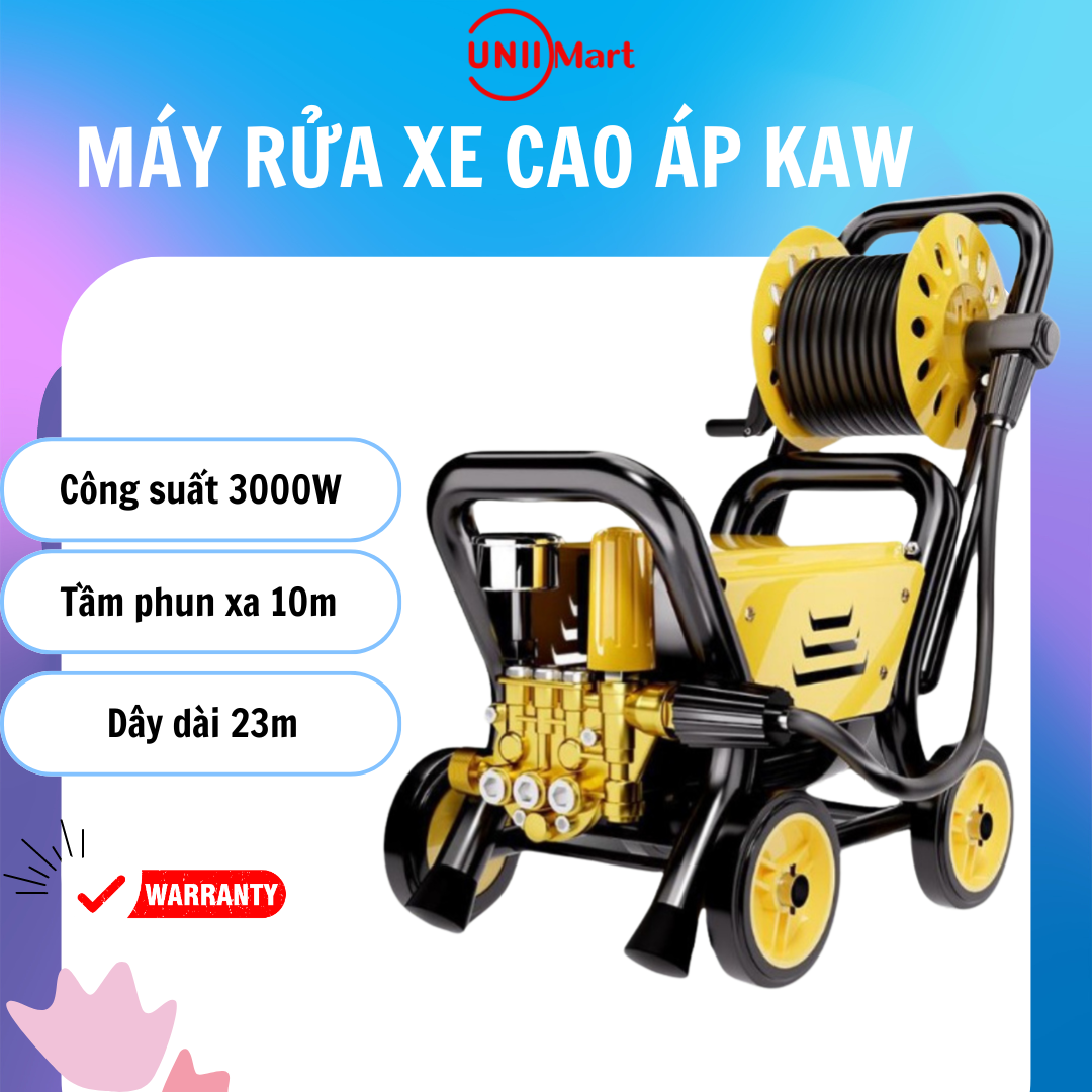 Máy Xịt Rửa Xe Công Nghiệp áp lực cao cấp KAW Công Suất Lớn 3750WW, Tầm Phun Xa 10M, có Rulo cuốn dây và khung 4 bánh xe, dây dài 23m - Bảo Hành 12 Tháng