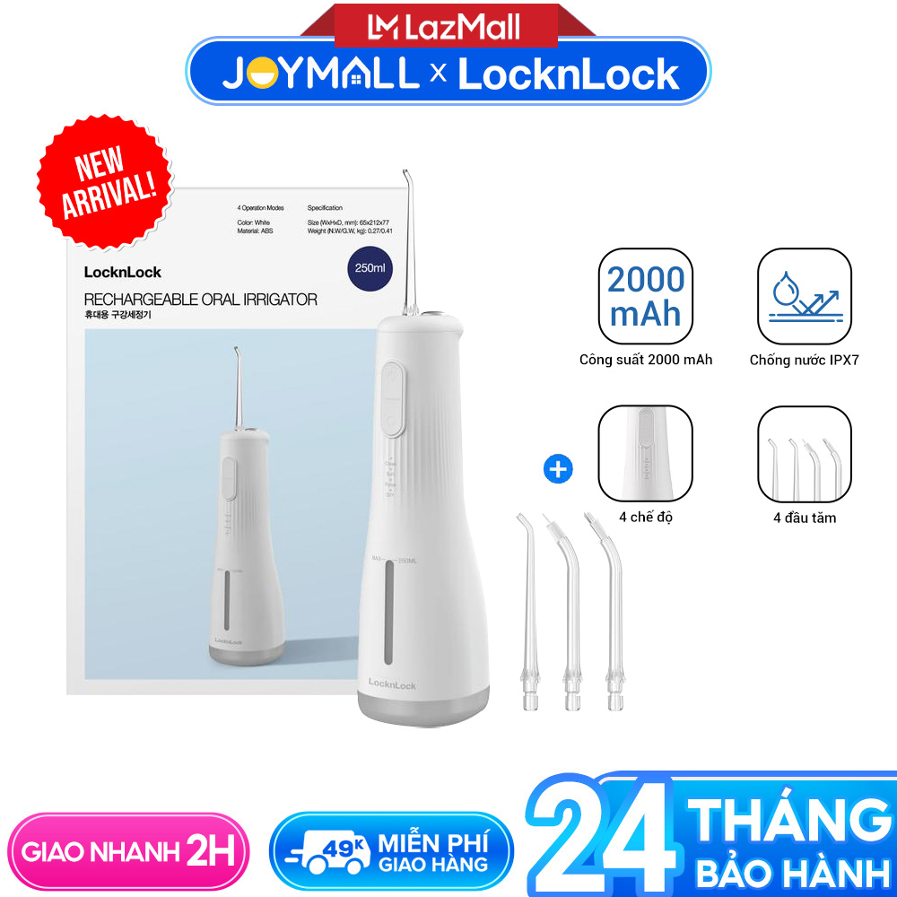 Máy tăm nước không dây LocknLock ENR154WHT 250ml, Hàng chính hãng, 4 chế độ, dung lượng pin 2000mAh - JoyMall