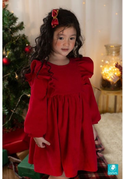 Lamm - Váy bé gái nhung tăm đỏ bèo vai nơ hai bên - ALICE