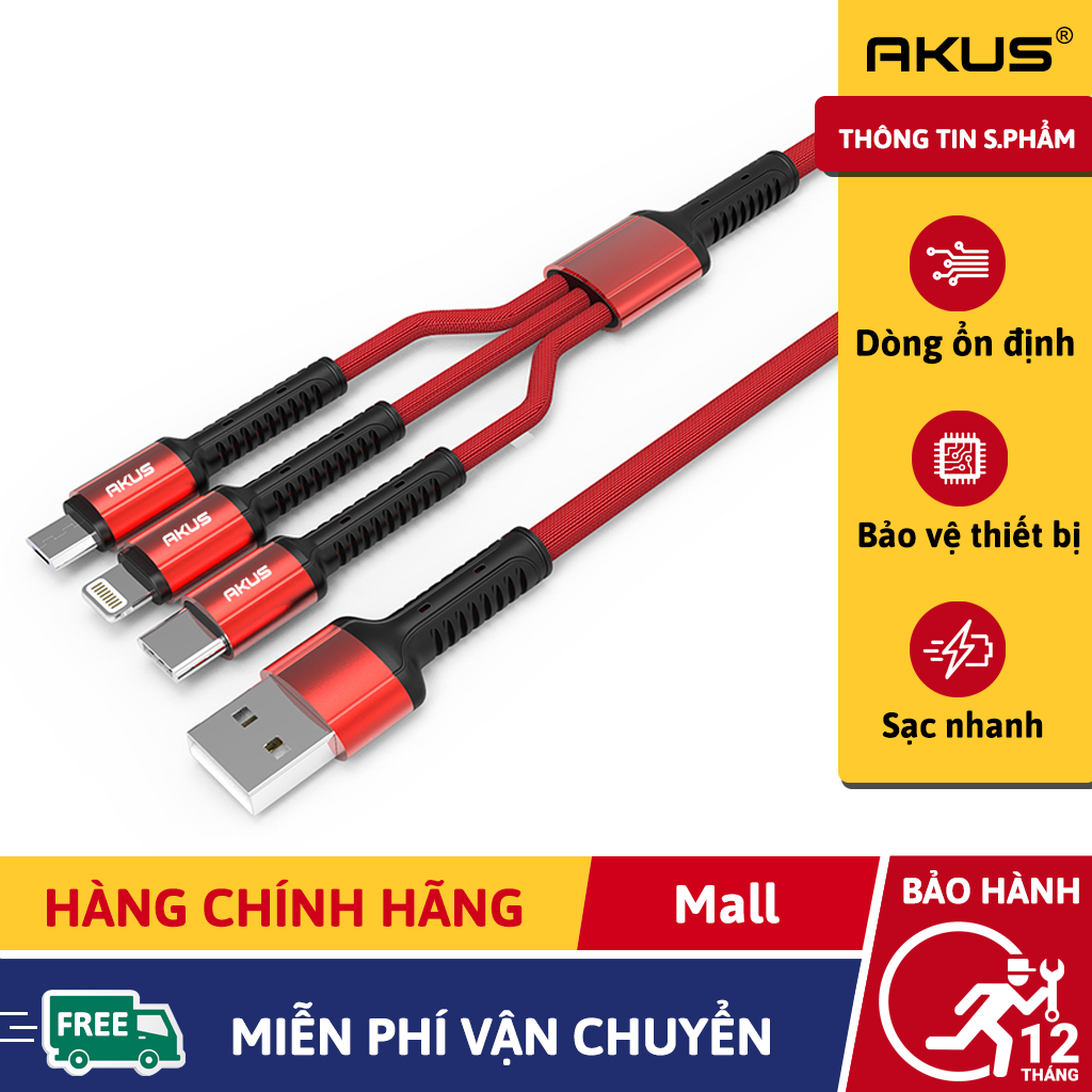 Dây cáp sạc 3 đầu akus - d82 hàng chính hãng