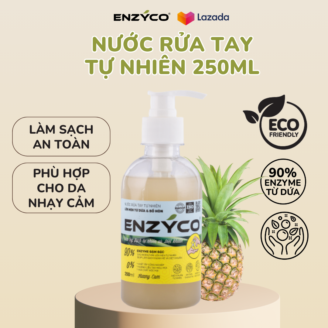 Nước rửa tay sinh học ENZYCO chai 250ml - 90% Enzyme từ dứa giúp làm sạch mạnh mẽ, diệt khuẩn, bảo vệ da tay, mềm da - Hương cam