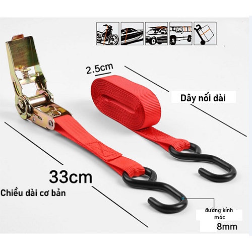 Dây Cảo Tăng Đơ Chằng Hàng Buộc Cố Định Hàng Hóa Với Xe Đạp Xe Máy Chịu Tải 800kg, Dây Ràng Hàng Tăng Đơ 2 Đầu Móc Dài 5m