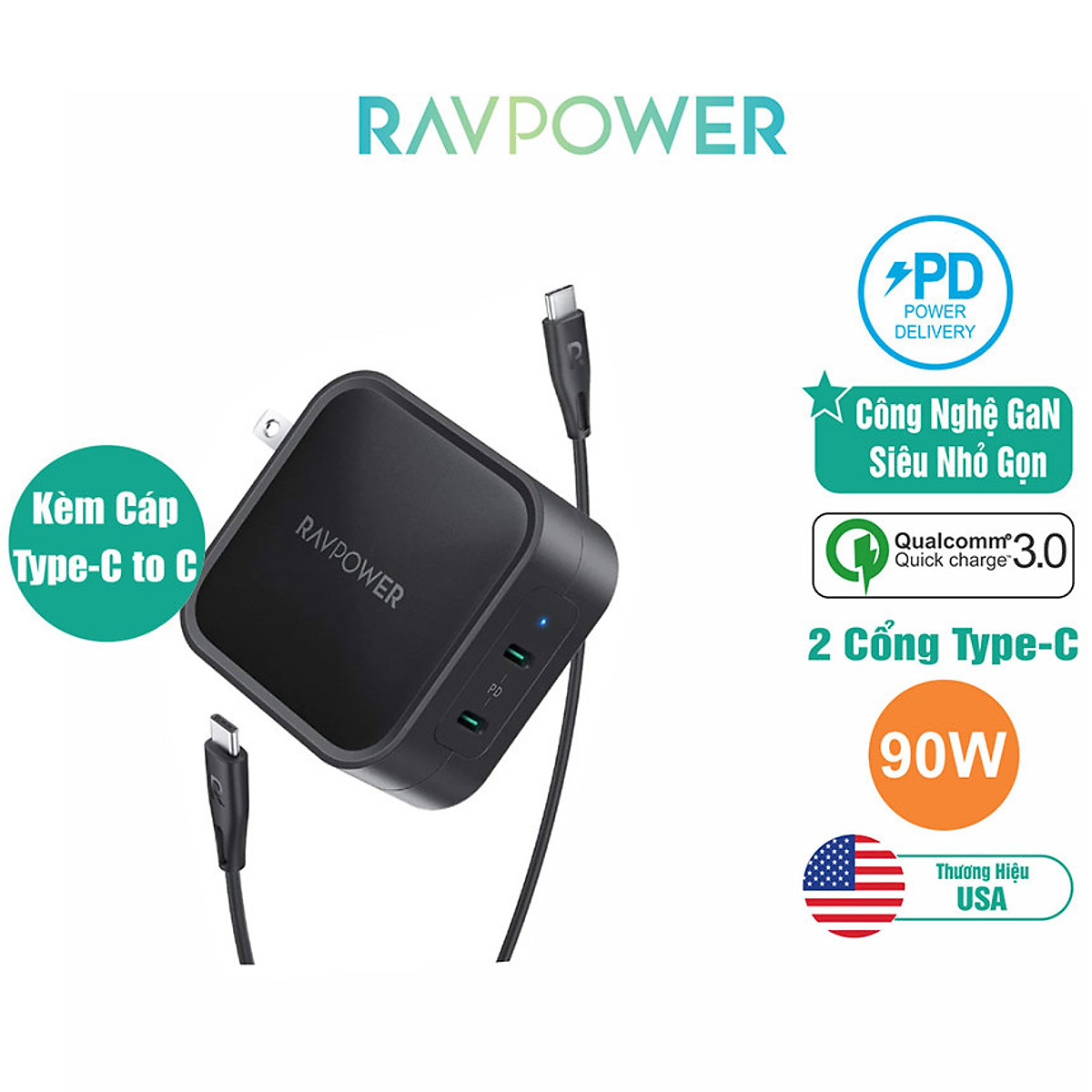 Bộ Củ Sạc PD 3.0 30W 2 Cổng Và Cáp Type-C to Lightning Chứng Nhận MFI RAVPower RP-PC144 Chuyên Cho iPhone, iPad - Hàng Chính Hãng